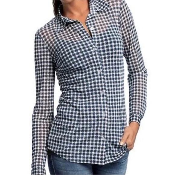 Cabi 736 Blue & Cream Geometric Print Sheer Mesh Long Sleeve Button Up Blouse - Picture 1 of 13